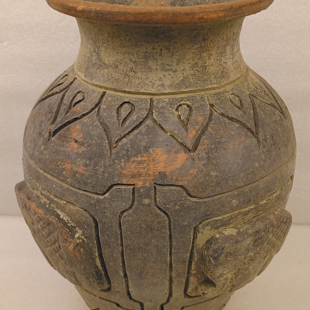 Vintage Hand-Carved Clay Pottery Vase 10” Tall Elephant Relief Rustic Art